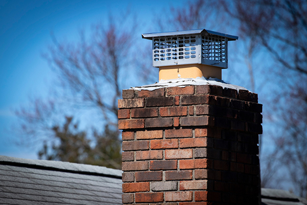 Brick chimney with metal cap, on a shingle roof